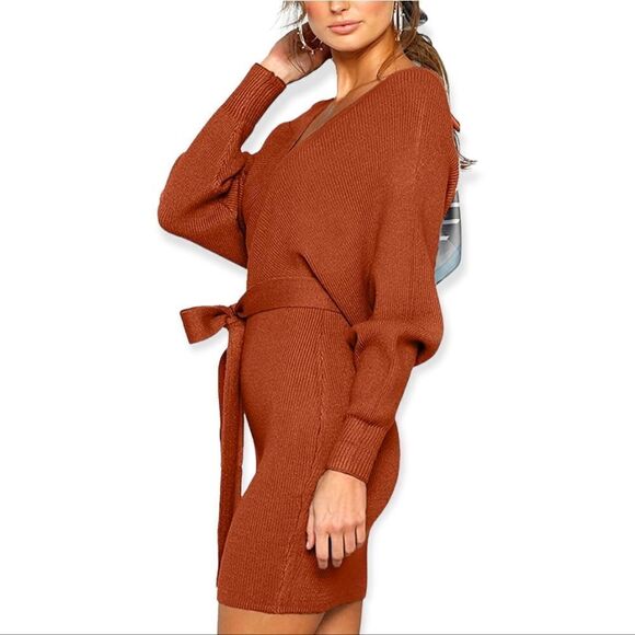 NWT CHERFLY Women's V Neck Sweater Dress Batwing Long Sleeve Backless Mi… - Picture 2 of 7